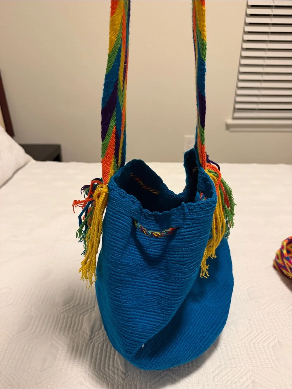 Handwoven Teal Bucket Bag with Multi-Color Strap Handmade wayuu tribe